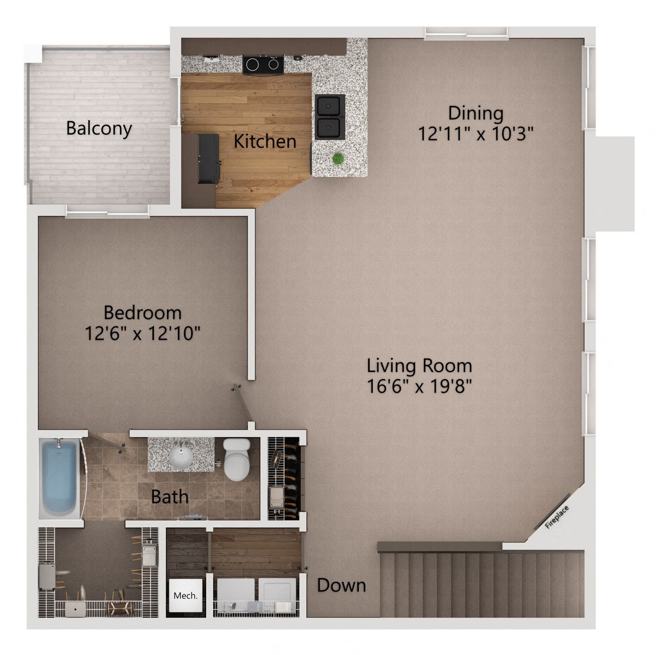 Floor plan for 1 bed, 1 bath, 1038 sqft